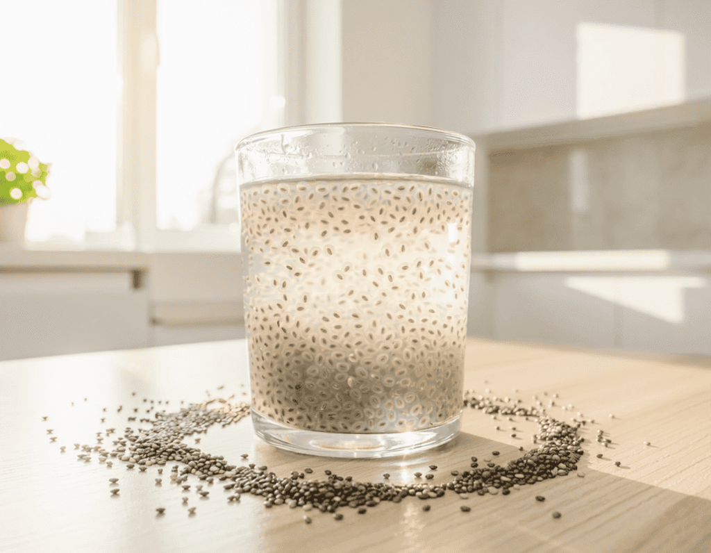 Chia seeds before bed for weight loss in a glass of chia seed water on a kitchen counter