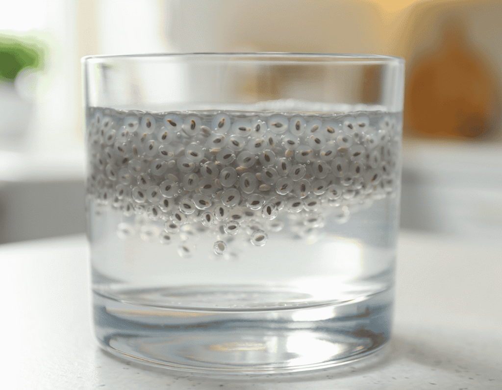 Chia seeds soaking in water, showing healthy hydration